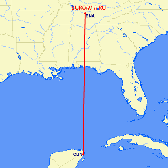 перелет Канкун — Нашвилл на карте