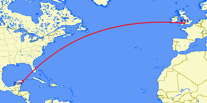 перелет Канкун — Бристоль на карте