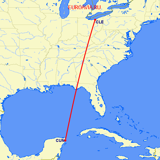 перелет Канкун — Кливленд на карте