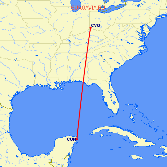 перелет Канкун — Кавингтон на карте