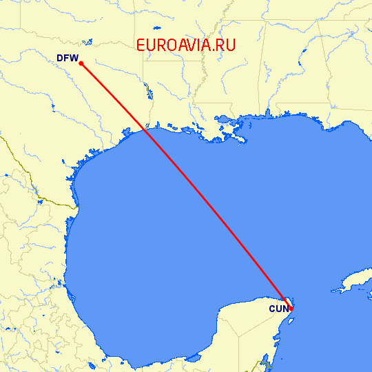 перелет Канкун — Даллас на карте