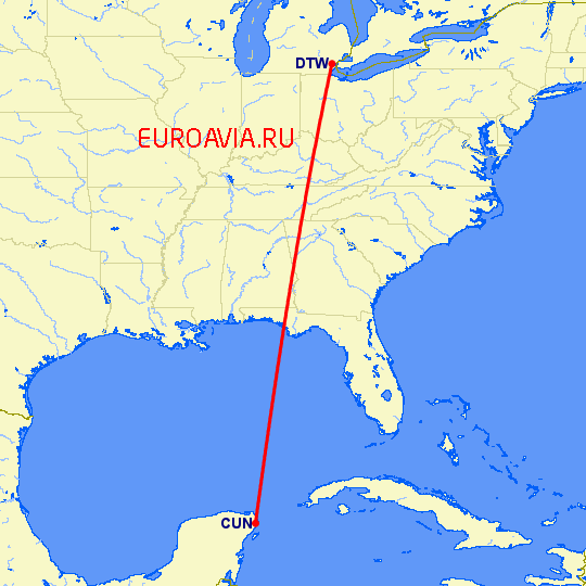 перелет Канкун — Детройт на карте
