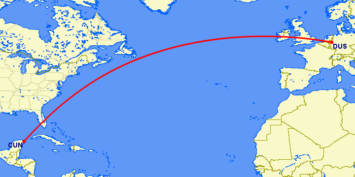 перелет Канкун — Дюссельдорф на карте
