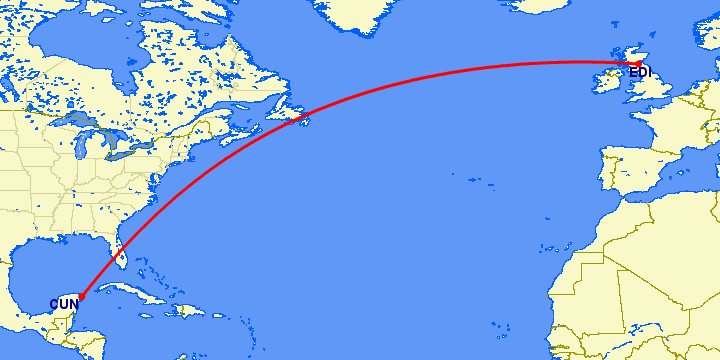 перелет Канкун — Эдинбург на карте
