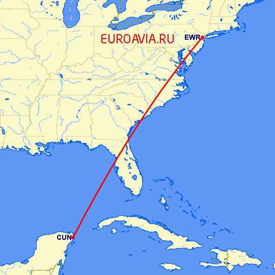 перелет Канкун — Ньюарк на карте