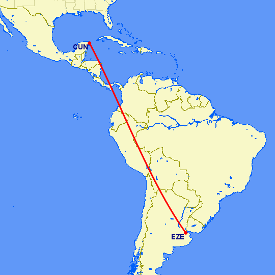 перелет Канкун — Буэнос Айрес на карте