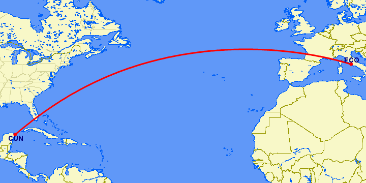 перелет Канкун — Рим на карте