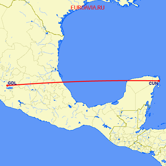 перелет Канкун — Гуадалахара на карте