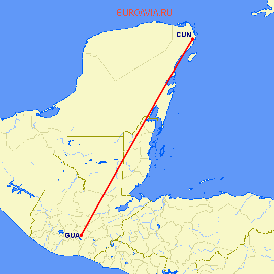 перелет Канкун — Гватемала Сити на карте
