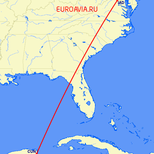 перелет Канкун — Вашингтон на карте