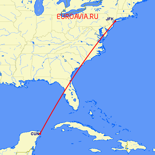 перелет Канкун — Нью Йорк на карте