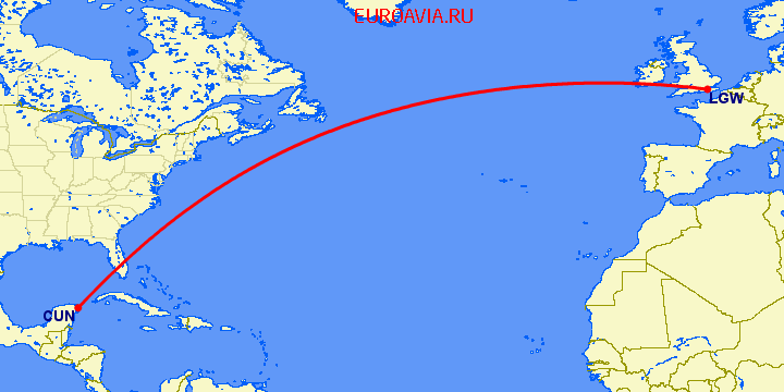 перелет Канкун — Лондон на карте
