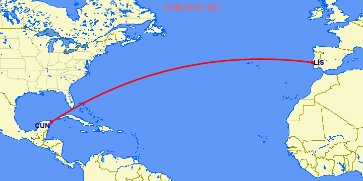 перелет Канкун — Лиссабон на карте