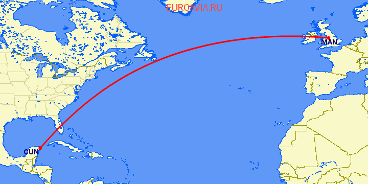 перелет Канкун — Манчестер на карте
