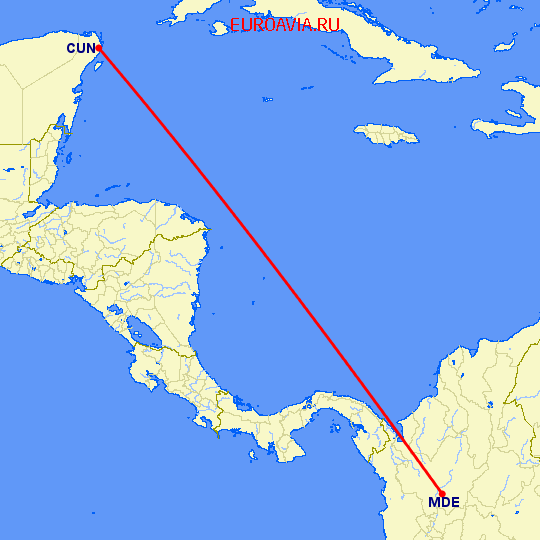 перелет Канкун — Меделлин на карте