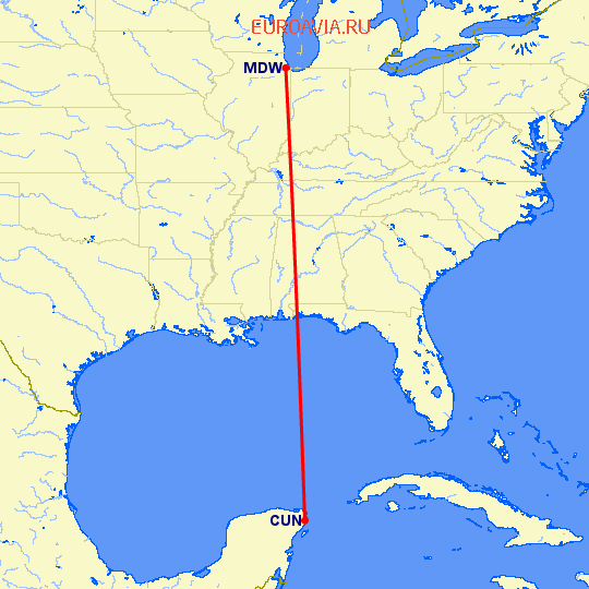 перелет Канкун — Чикаго на карте