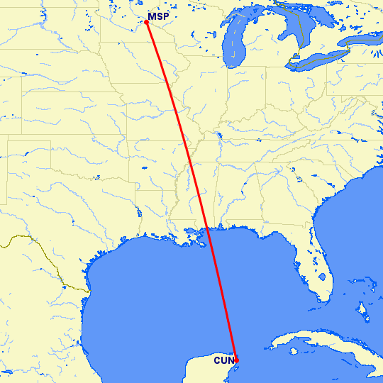перелет Канкун — Миннеаполис на карте