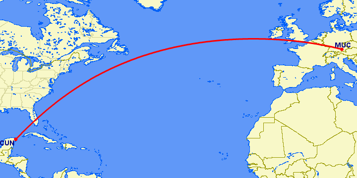 перелет Канкун — Мюнхен на карте