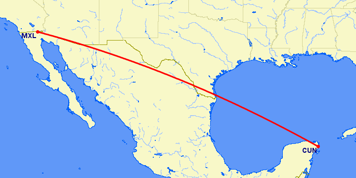 перелет Канкун — Mexicali на карте
