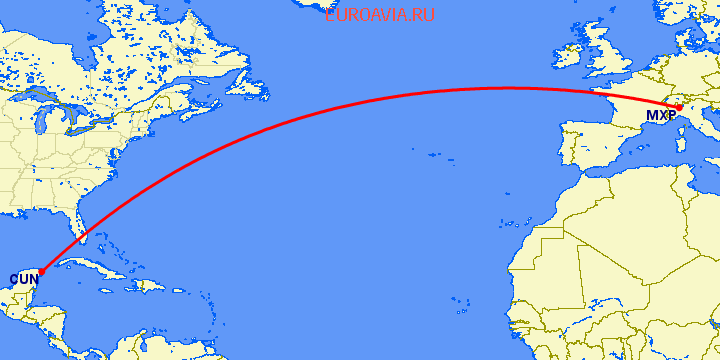 перелет Канкун — Милан на карте