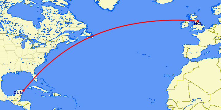 перелет Канкун — Ньюкасл на карте