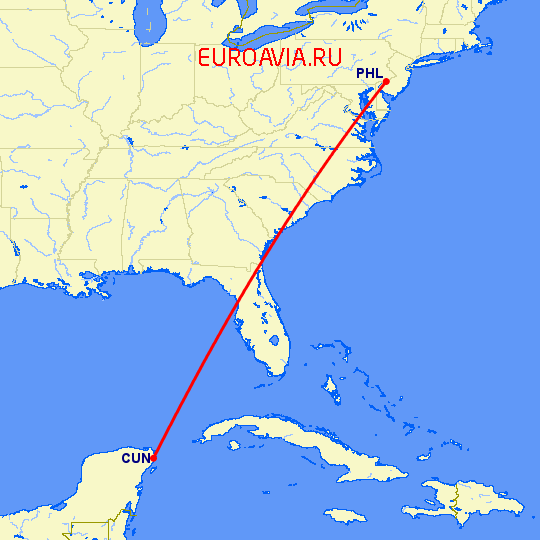 перелет Канкун — Филадельфия на карте