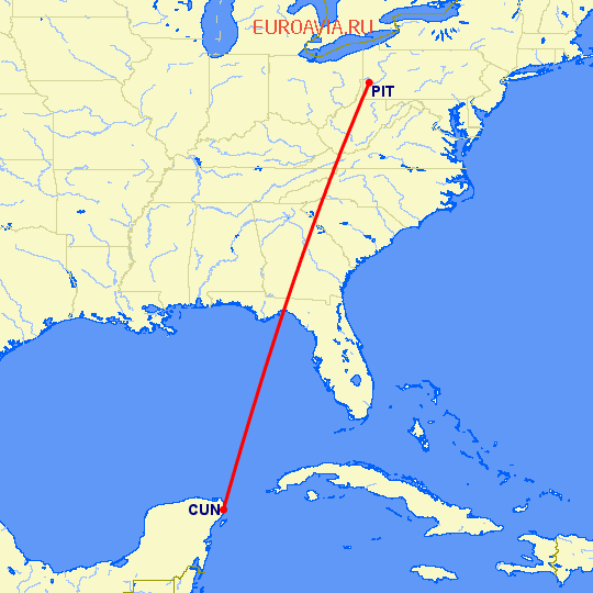 перелет Канкун — Питтсбург на карте