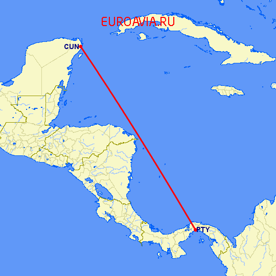 перелет Канкун — Панама Сити на карте
