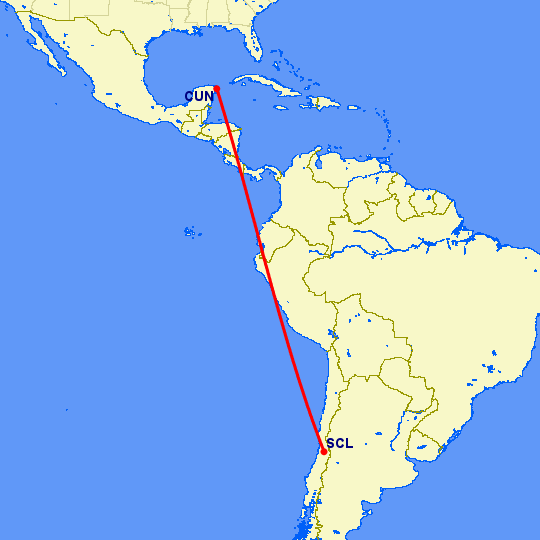перелет Канкун — Сантьяго на карте