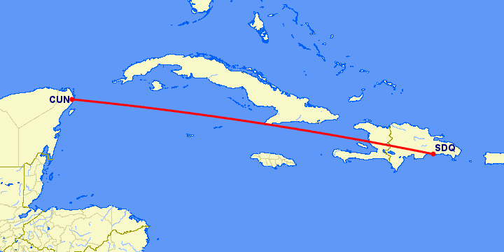 перелет Канкун — Санто Доминго на карте