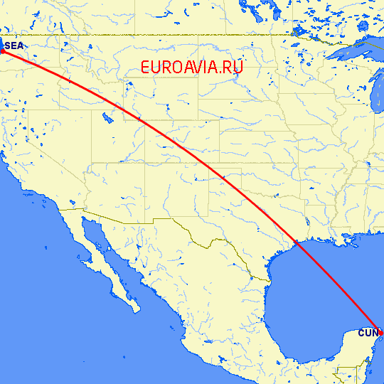 перелет Канкун — Сиэтл на карте