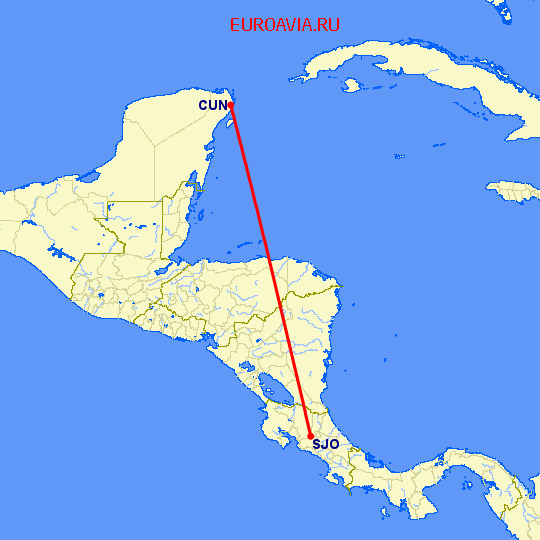 перелет Канкун — Сан Хосе на карте
