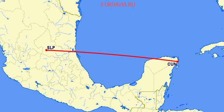 перелет Канкун — Сан Луис Потоси на карте