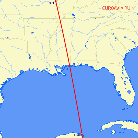 перелет Канкун — Сент Луис на карте