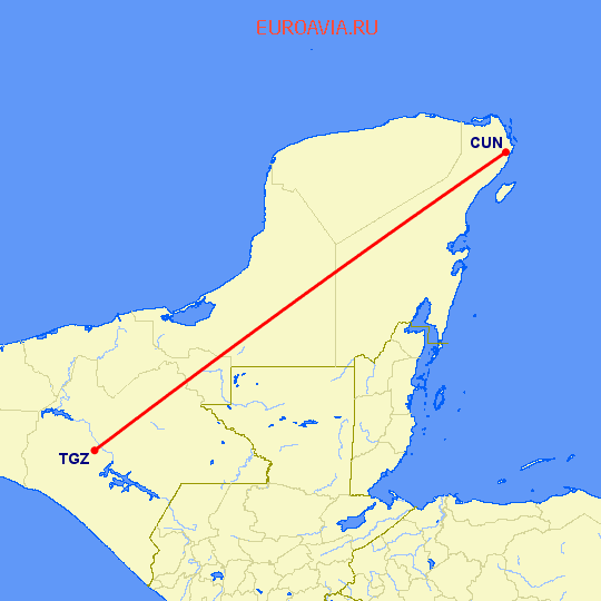 перелет Канкун — Тухтла Гутьеррес на карте