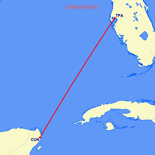 перелет Канкун — Тампа на карте