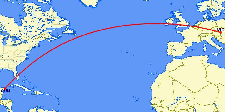 перелет Канкун — Вена на карте