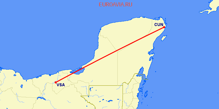 перелет Канкун — Вийяхермоса на карте