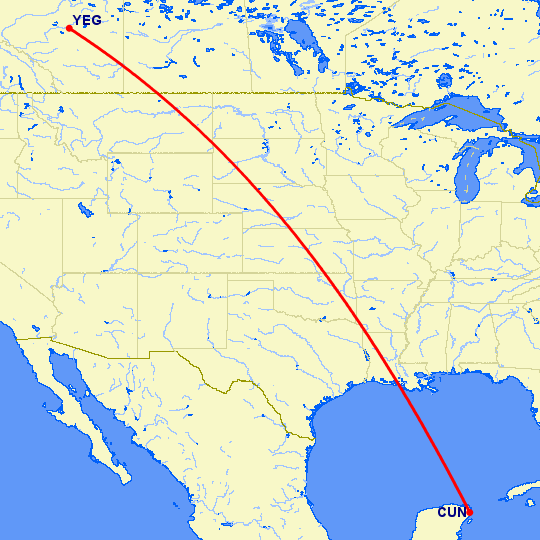перелет Канкун — Эдмонтон на карте