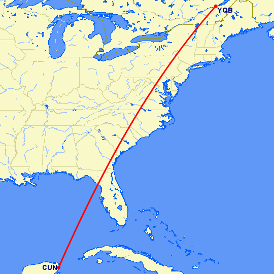 перелет Канкун — Квебек на карте