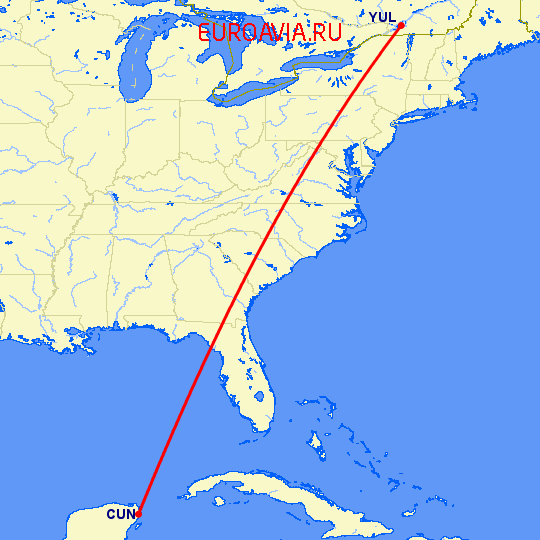 перелет Канкун — Монреаль на карте