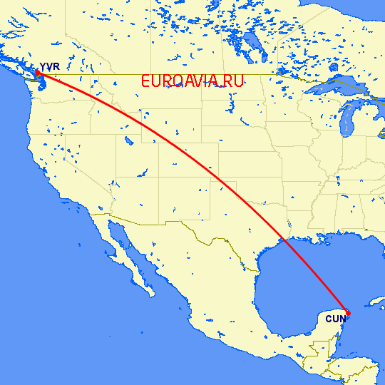 перелет Канкун — Ванкувер на карте