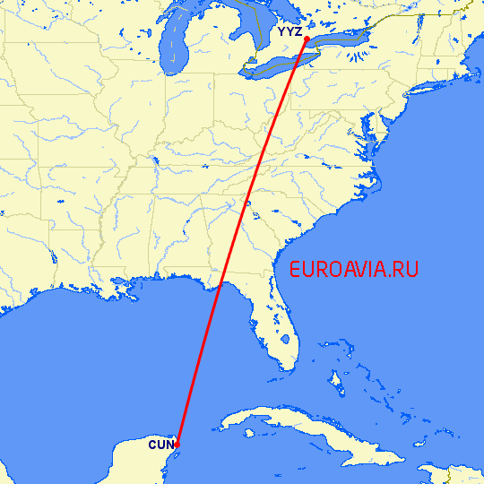 перелет Канкун — Торонто на карте