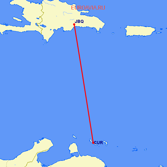 перелет Кюрасао — Санто-Доминго на карте