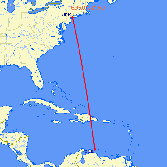 перелет Кюрасао — Нью Йорк на карте