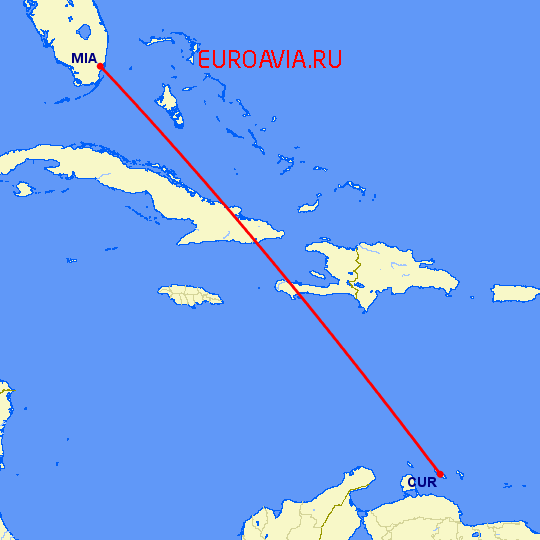 перелет Кюрасао — Майами на карте