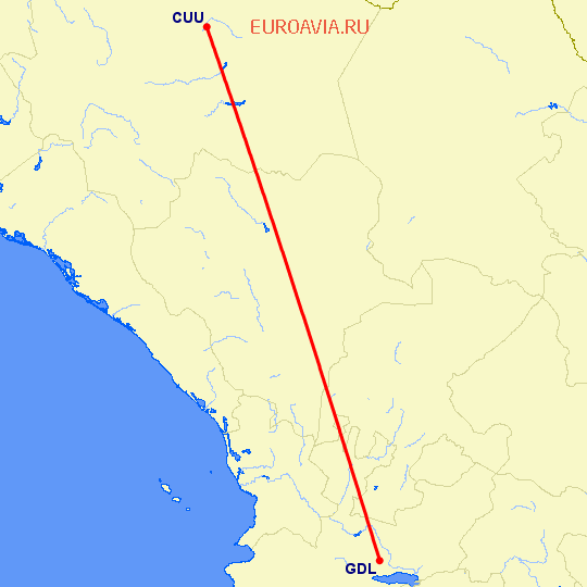 перелет Чихуахуа — Гуадалахара на карте