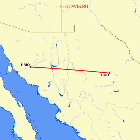 перелет Чихуахуа — Хермосилльо на карте