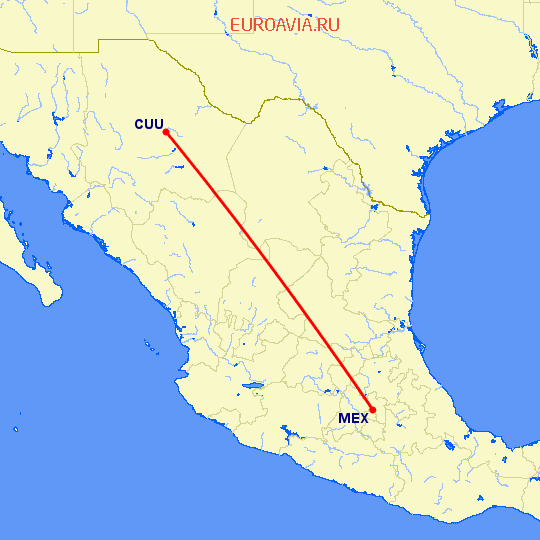 перелет Чихуахуа — Мексико Сити на карте