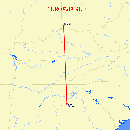 перелет Кавингтон — Атланта на карте
